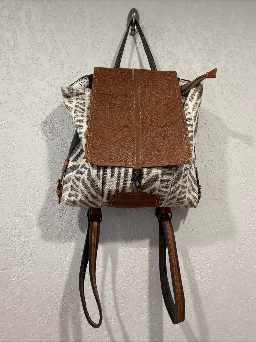 Myra Bag - Brown Tooled Leather Accent Patterned Women’s Backpack